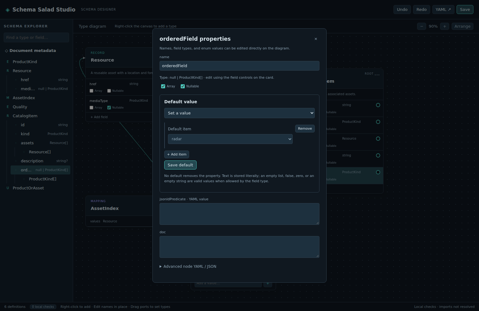 Properties dialog with guided default-value controls